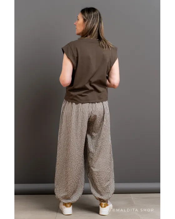 Pantalón Bombacho Cuadros Vichy Marrón Chocolate | Maldita 2