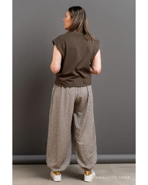 Pantalón Bombacho Cuadros Vichy Marrón Chocolate | Maldita