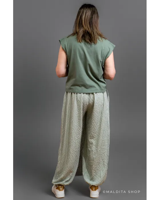 Pantalón Bombacho Cuadros Vichy Verde | Maldita