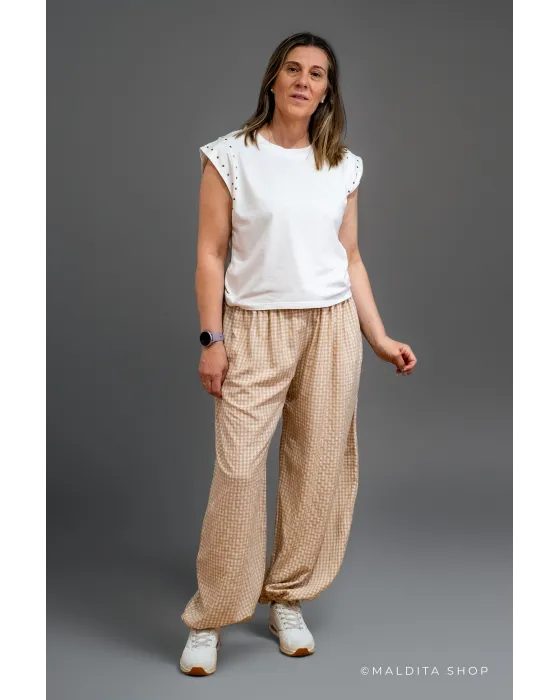 Pantalón Bombacho Cuadros Vichy Beige | Maldita