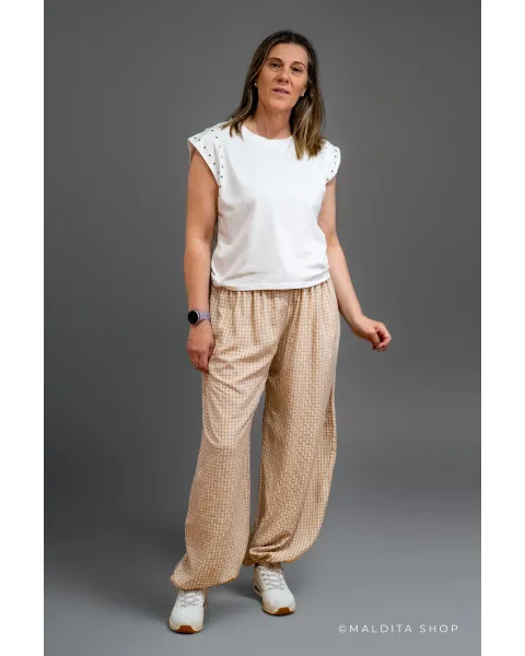 Pantalón Bombacho Cuadros Vichy Beige | Maldita