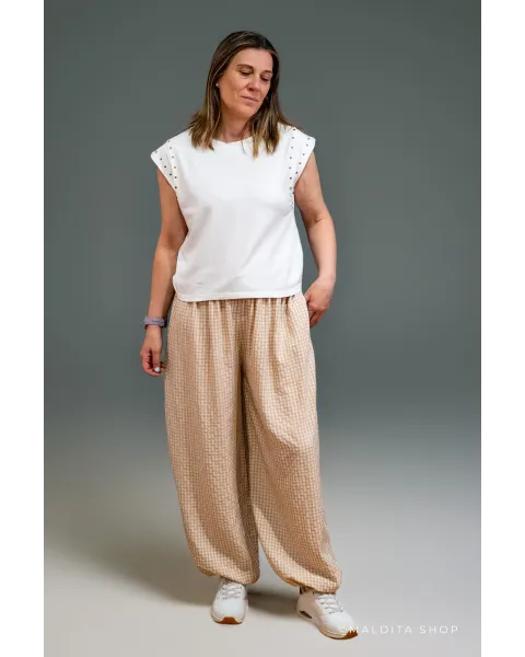 Pantalón Bombacho Cuadros Vichy Beige | Maldita