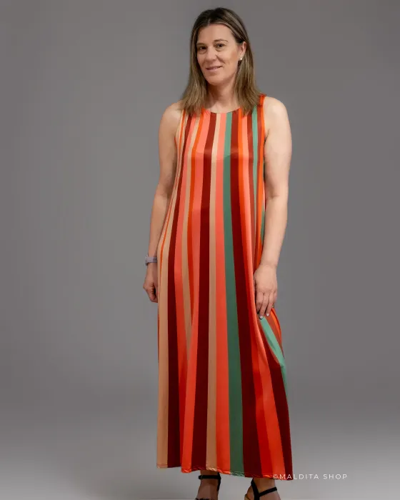 Vestido Comprido de Riscas Laranjas | Maldita