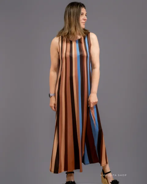 Vestido Largo de Rayas Marrón y Azul | Maldita