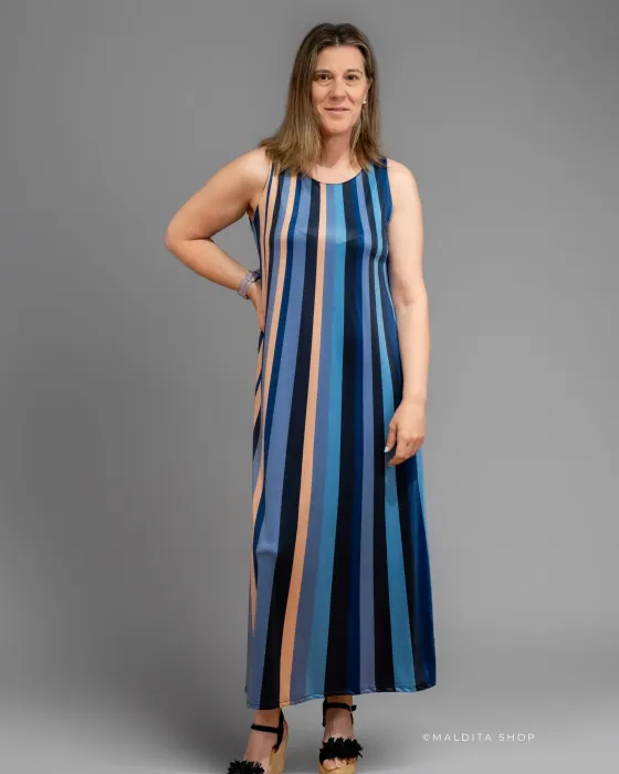 Vestido Comprido de Riscas Azuis e Areia | Maldita