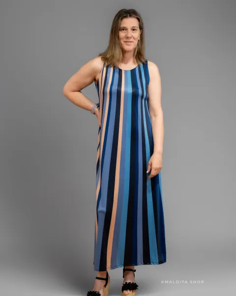 Vestido Comprido de Riscas Azuis e Areia | Maldita