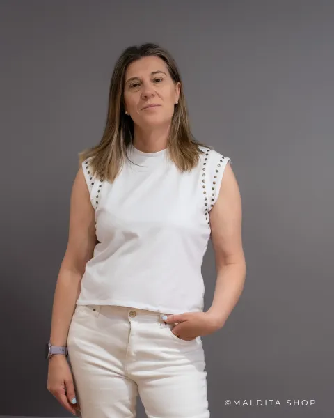 Camisola Sem Mangas Branca Tachas | Algodão Cómodo