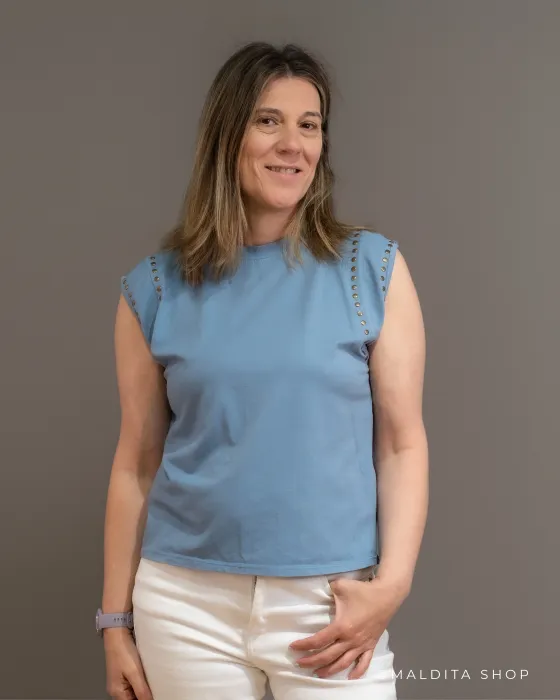 Camiseta Sin Mangas Azul Jeans Tachas | Algodón Cómodo