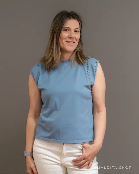 Camisola Sem Mangas Azul Jeans Tachas | Algodão Cómodo