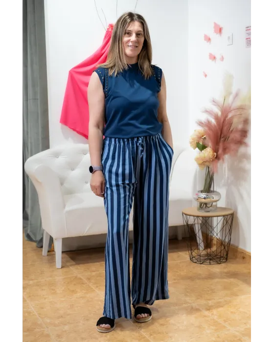 Calças Riscas Azul Culotte Palazzo | Essenciais Cómodos