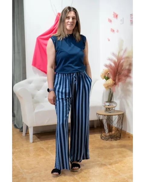 Pantalón Rayas Azul Culotte Palazzo | Esenciales Cómodos