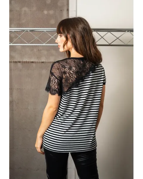 Camiseta de Rayas con Encaje Animosa Essential | Algodón
