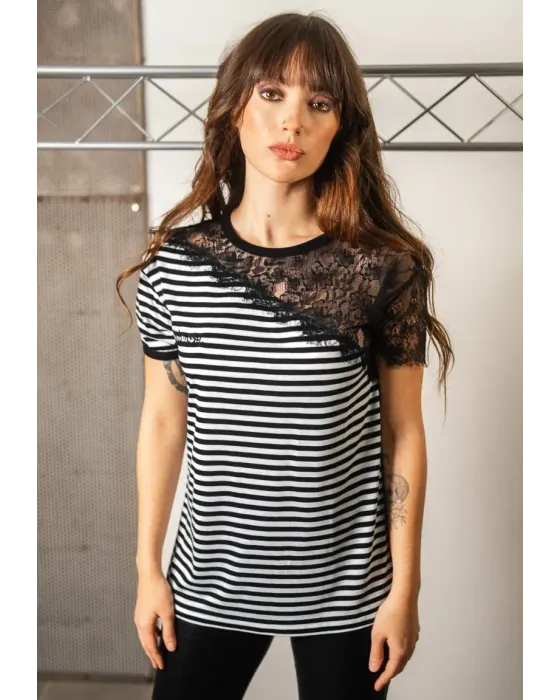Camisola de Riscas com Renda Animosa Essential | Algodão