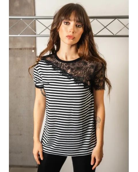 Camisola de Riscas com Renda Animosa Essential | Algodão