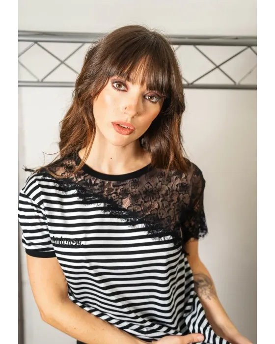 Camiseta de Rayas con Encaje Animosa Essential | Algodón