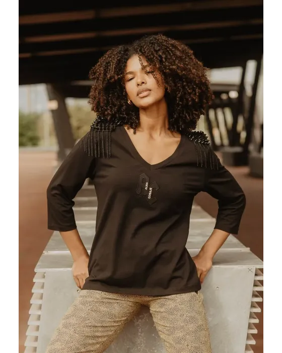 Camiseta Animosa Hombreras Cadenas A&C Negra | Manga Francesa