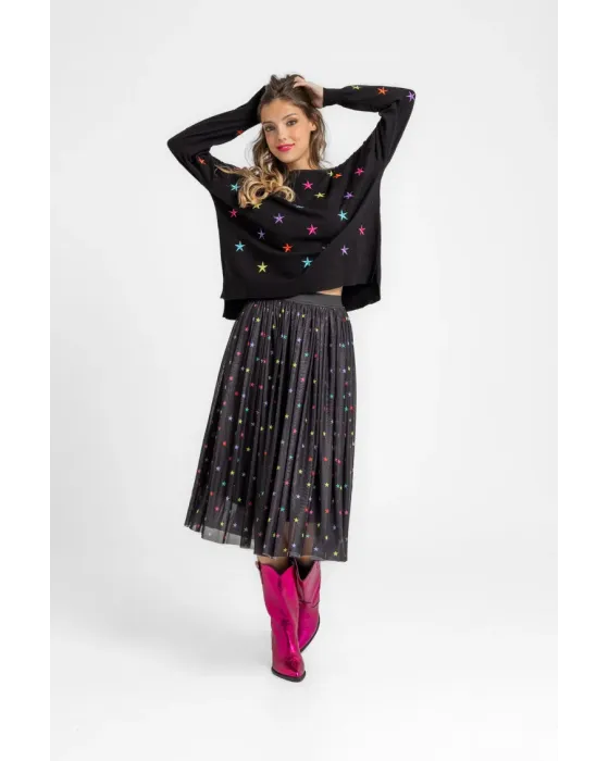 Camisola cropped STARS preta com estrelas multicolor