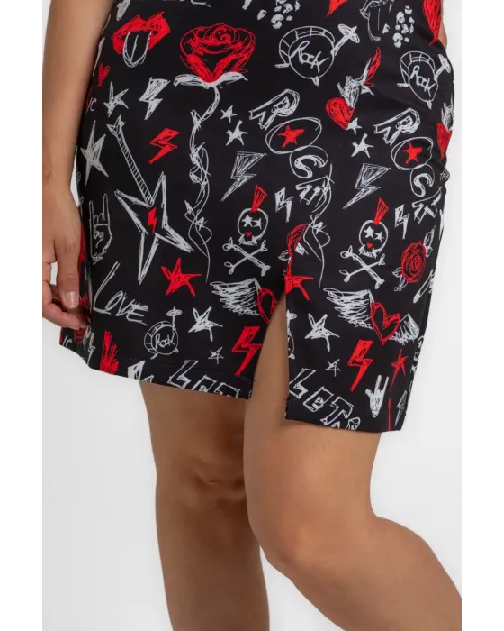 Saia Lolina trapézio ROCK AND ROLL | Minissaia estampada