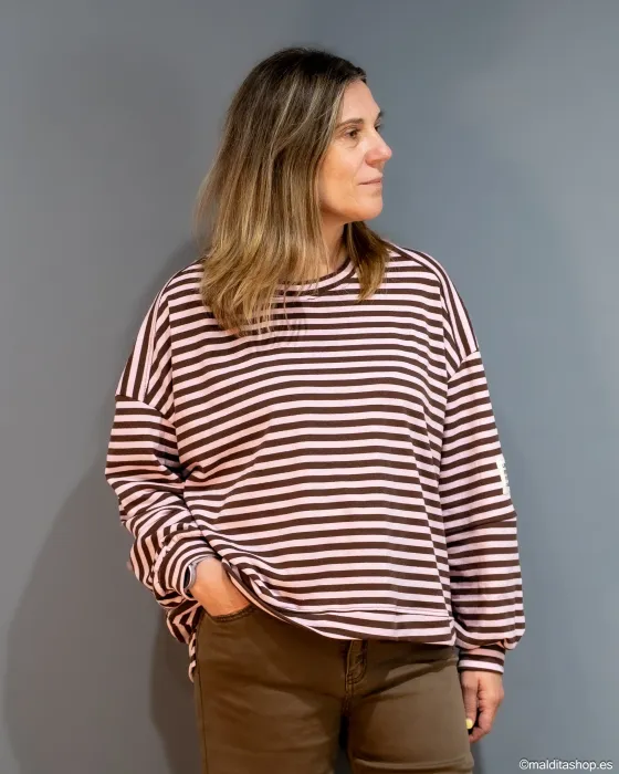Sudadera Oversize Rayas Rosa-Marrón Esenciales