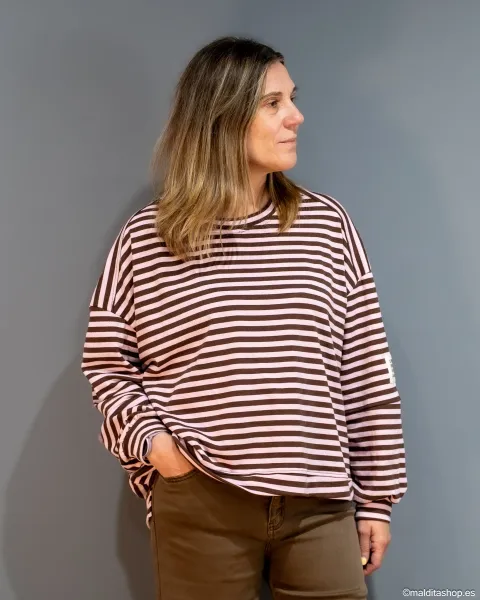 Sudadera Oversize Rayas Rosa-Marrón Esenciales