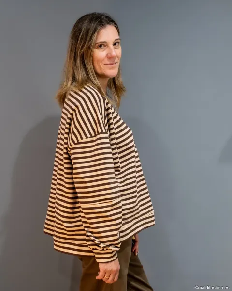 Sudadera Oversize Rayas Camel-Chocolate Esenciales