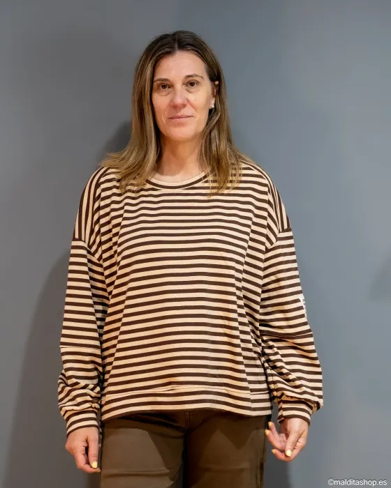 Sudadera Oversize Rayas Camel-Chocolate Esenciales