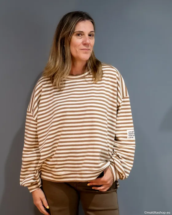 Sudadera Oversize Rayas Marrón-Beige Esenciales