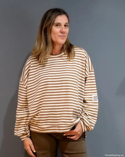 Sudadera Oversize Rayas Marrón-Beige Esenciales