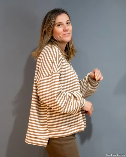 Sudadera Oversize Rayas Marrón-Beige Esenciales