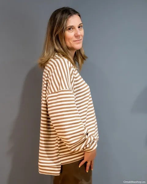 Sudadera Oversize Rayas Marrón-Beige Esenciales