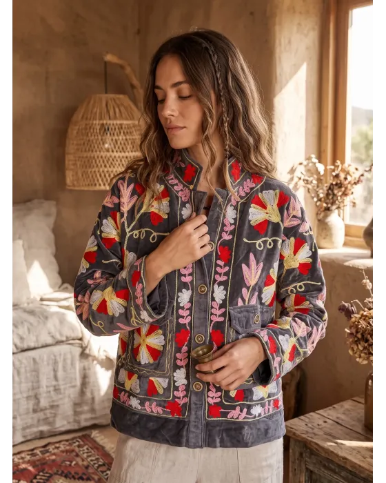 Chaqueta Suzani Terciopelo Bordada Gris | Esenciales