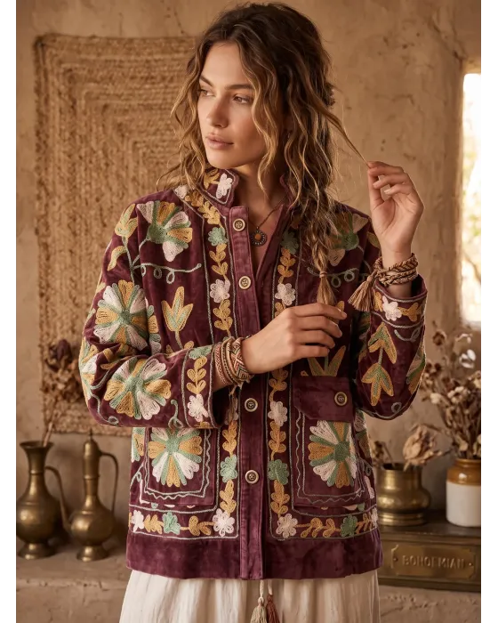 Chaqueta Suzani Terciopelo Bordada Vino | Esenciales