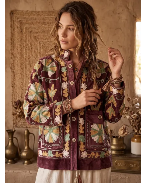 Chaqueta Suzani Terciopelo Bordada Vino | Esenciales