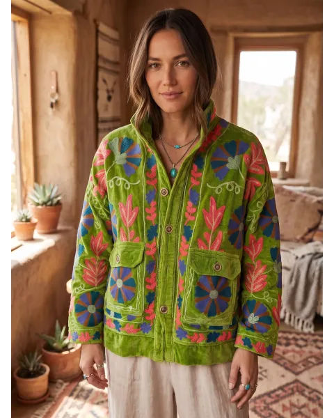 Chaqueta Suzani Terciopelo Bordada Verde | Esenciales