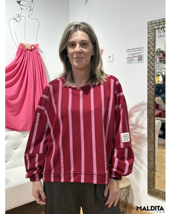 Sudadera Rayas Esenciales Burdeos Rosa | Esenciales