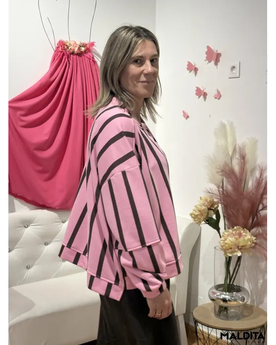 Sudadeira Riscas Esenciais Rosa Castanho | Esenciais