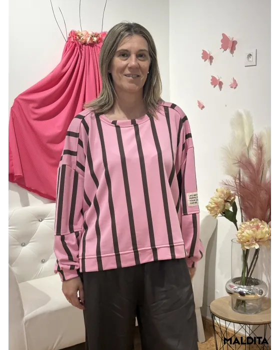 Sudadeira Riscas Esenciais Rosa Castanho | Esenciais