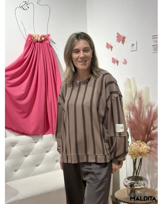 Sudadera Rayas Esenciales Marrón Topo