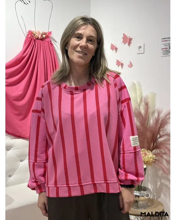 Sudadeira Riscas Esenciais Rosa Vermelho | Esenciais
