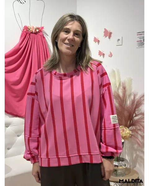 Sudadeira Riscas Esenciais Rosa Vermelho | Esenciais