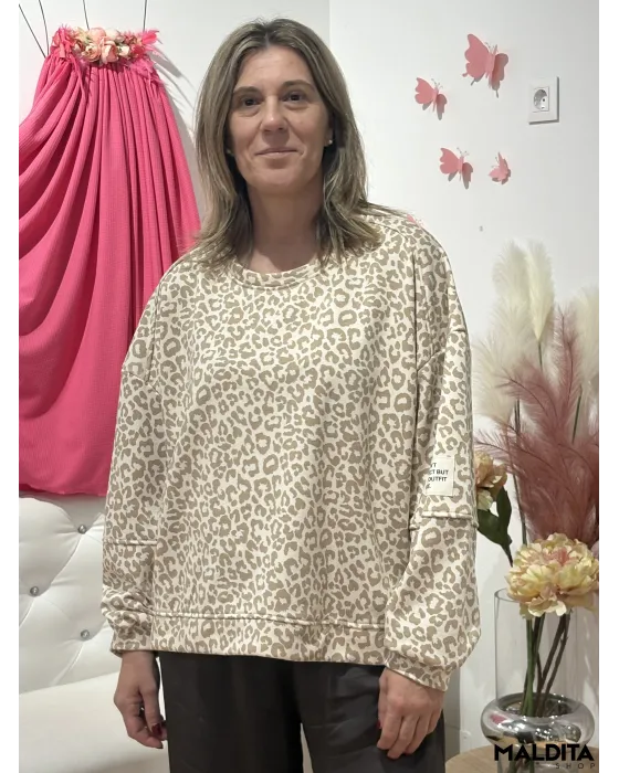 Sudadera Esenciales Animal Print Beige