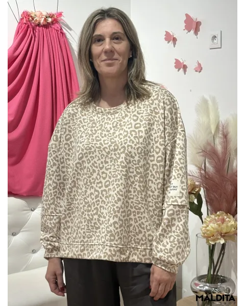 Sudadera Esenciales Animal Print Beige