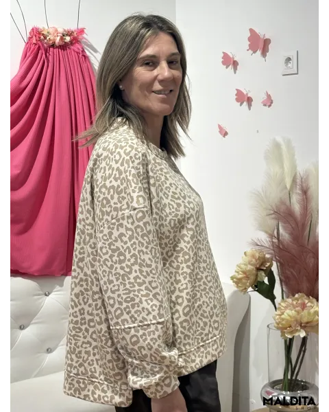 Sudadera Esenciales Animal Print Beige