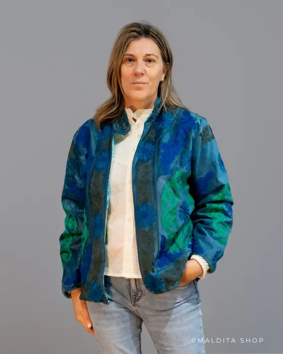 Chaqueta Suzani Terciopelo Bordada Azul Verde | Esenciales