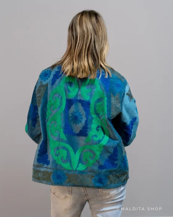 Chaqueta Suzani Terciopelo Bordada Azul Verde | Esenciales 2